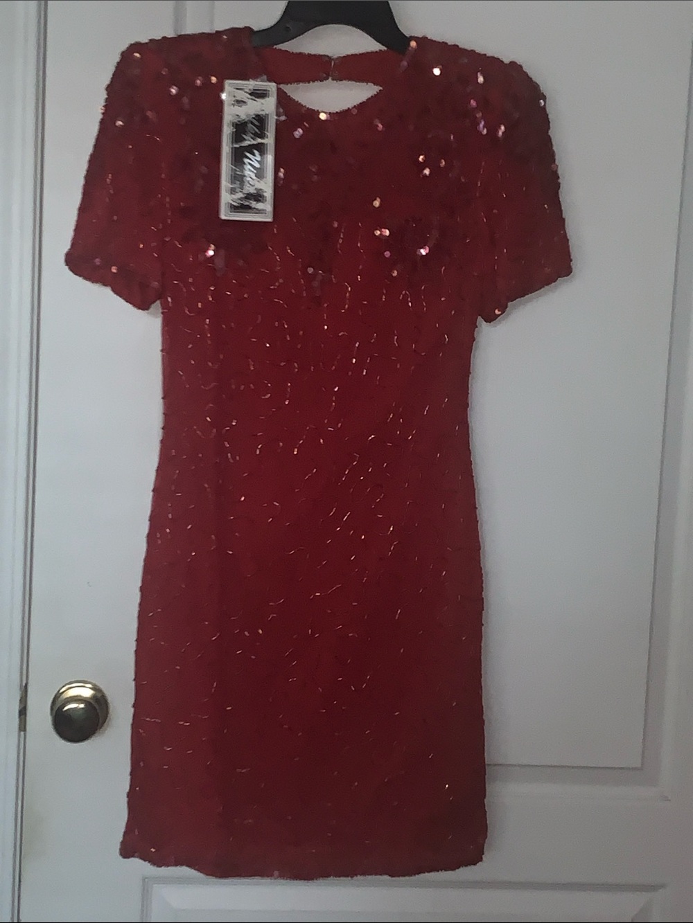 Silky Nites Red Sequin Short Sleeve Cocktail Dress